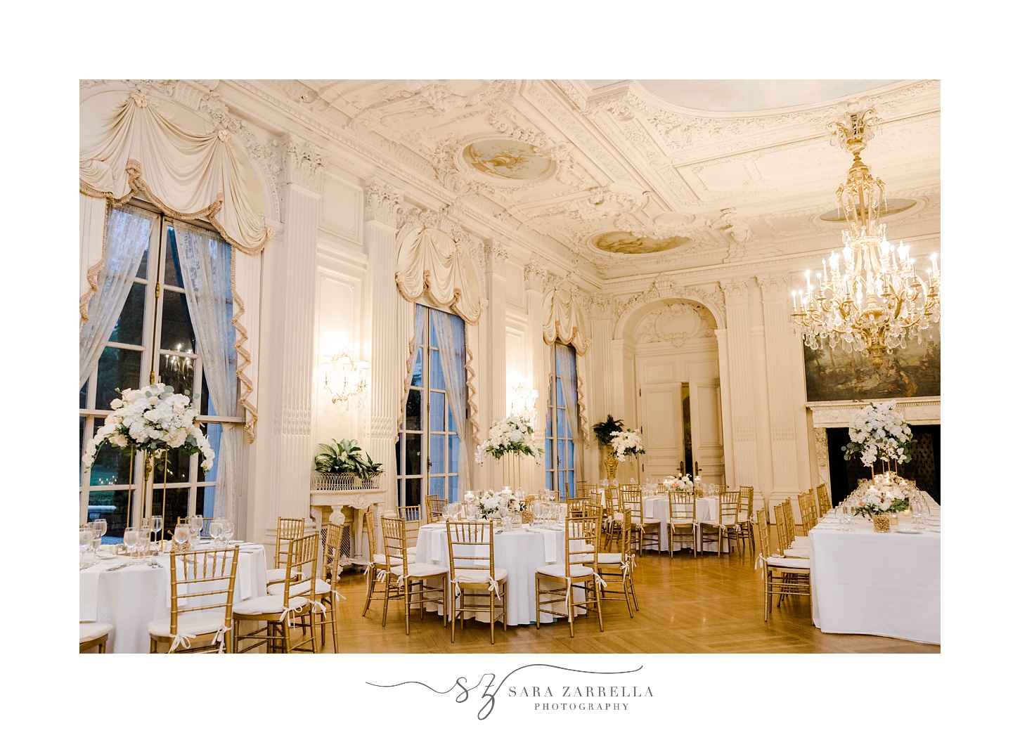 white and gold details for wedding reception at Rosecliff Mansion