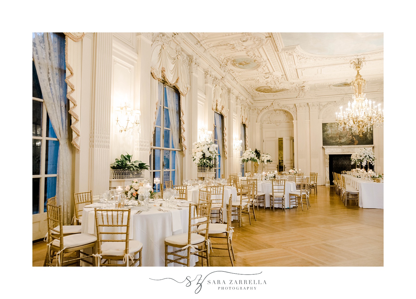 Rosecliff Mansion wedding reception with gold and white details