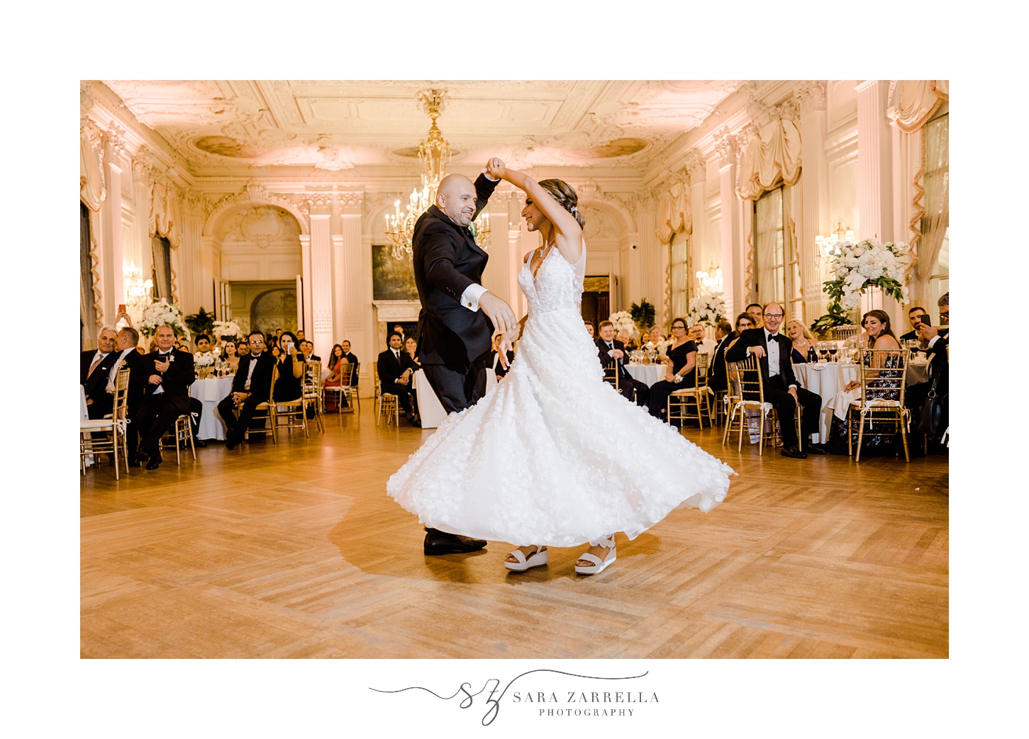bride and groom dance during Newport RI mansion wedding reception