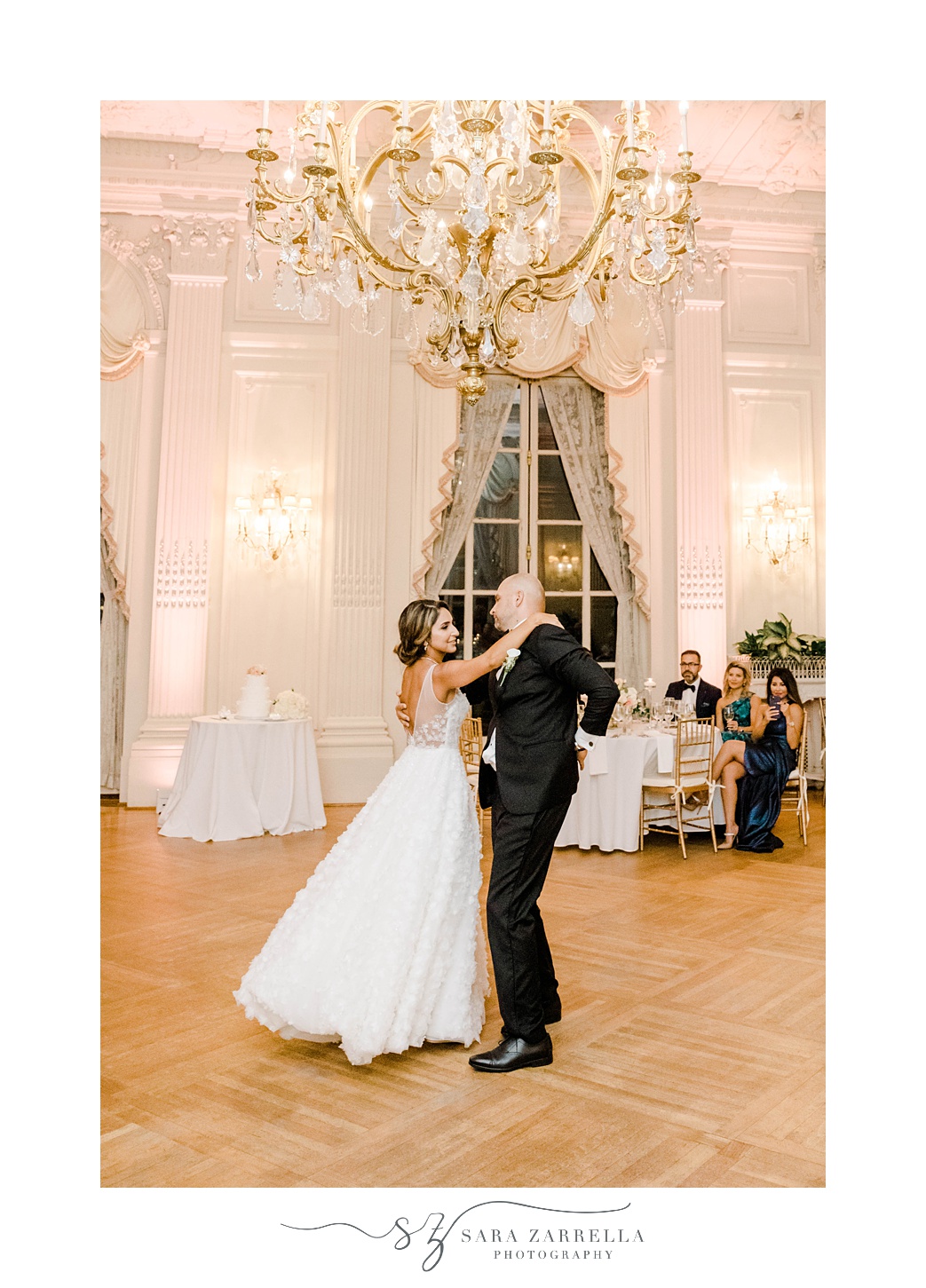 bride and groom dance during Newport RI mansion wedding reception
