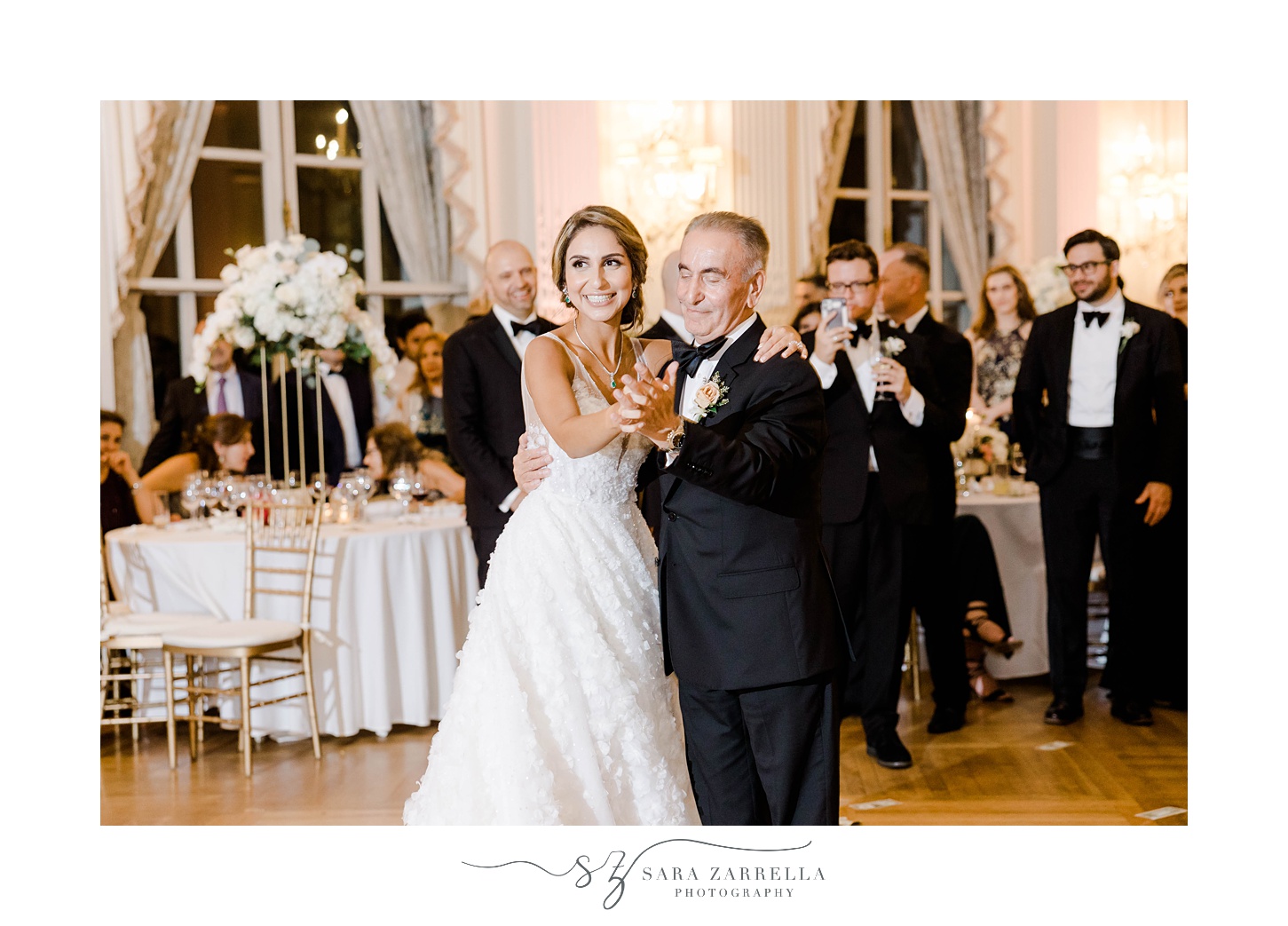 bride and dad dance during Newport RI mansion wedding reception