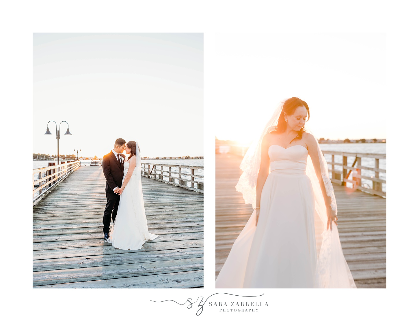 sunset portraits of bride and groom on wooden dock at The Boat House