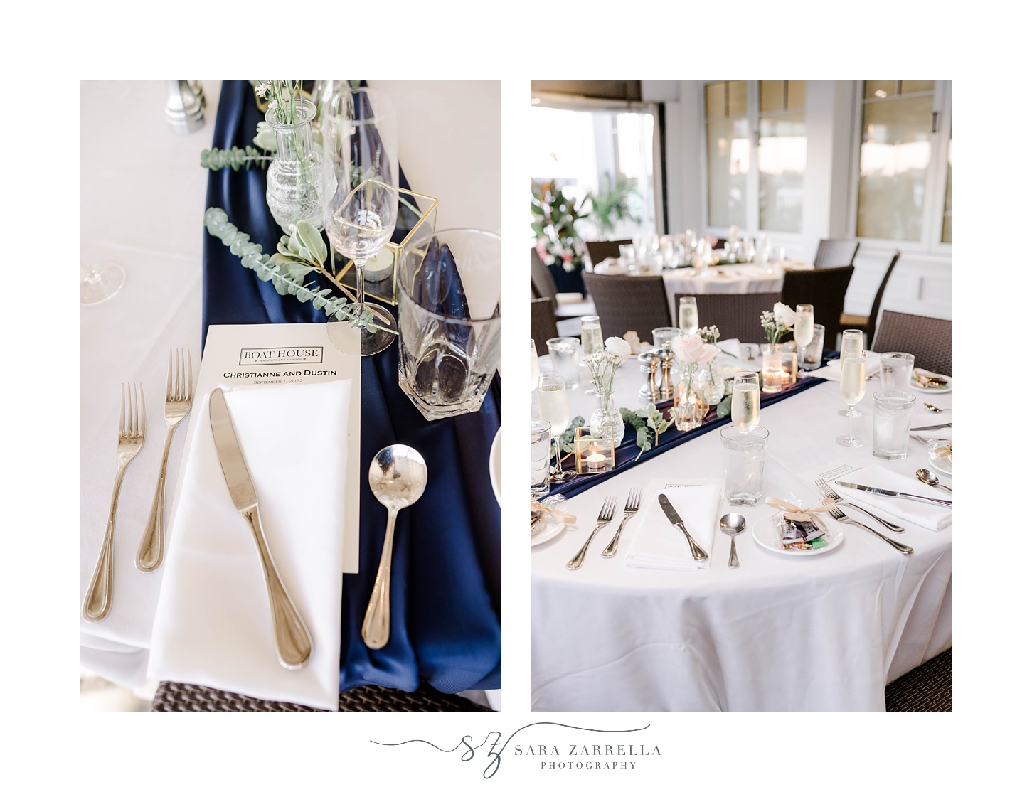 place settings with navy and gold at The Boat House