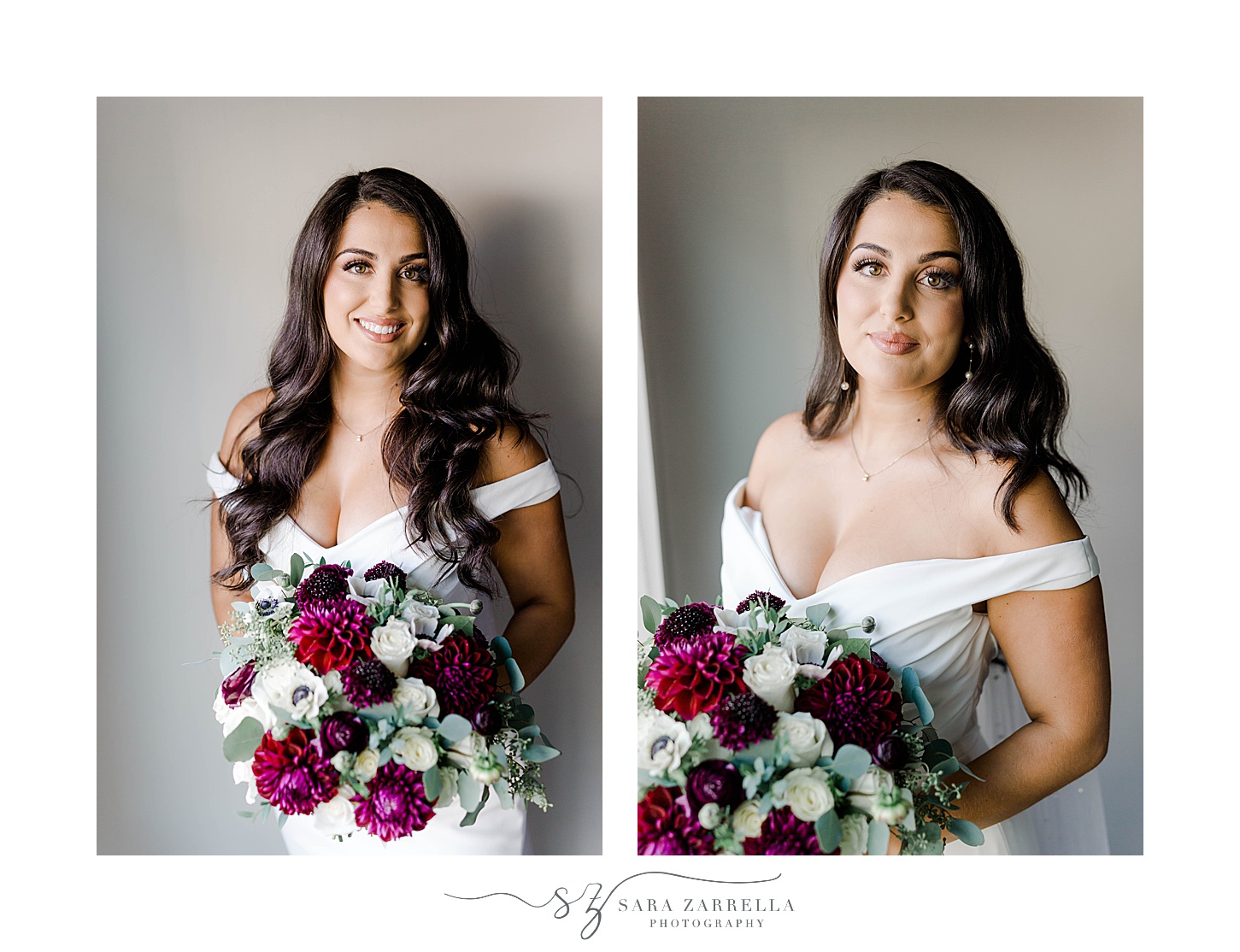 fall bride holds bouquet of burgundy and white flowers