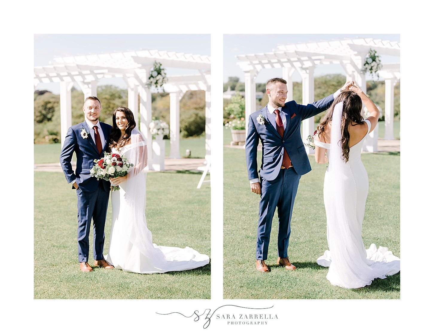 groom in navy suit twirls bride in gown at Atlantic Resort Wyndham