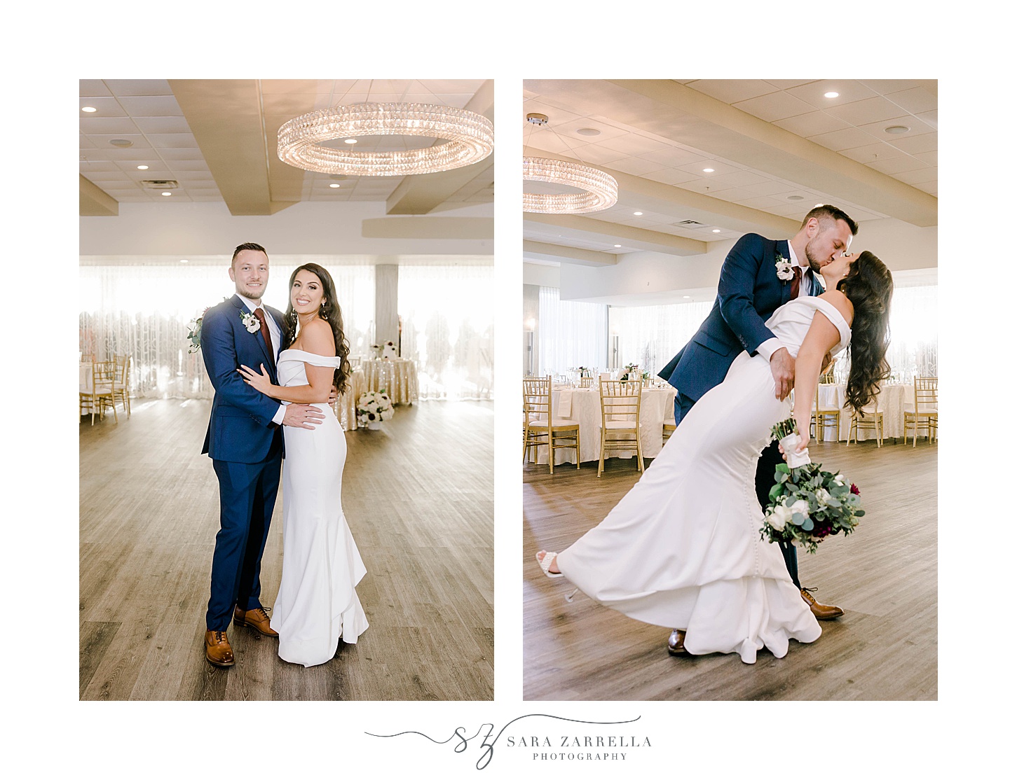 bride and groom pose in empty ballroom at Atlantic Resort Wyndham