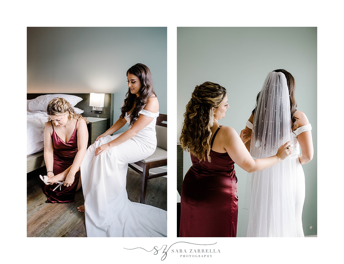 bridesmaid in burgundy gown prepares for RI wedding with bride
