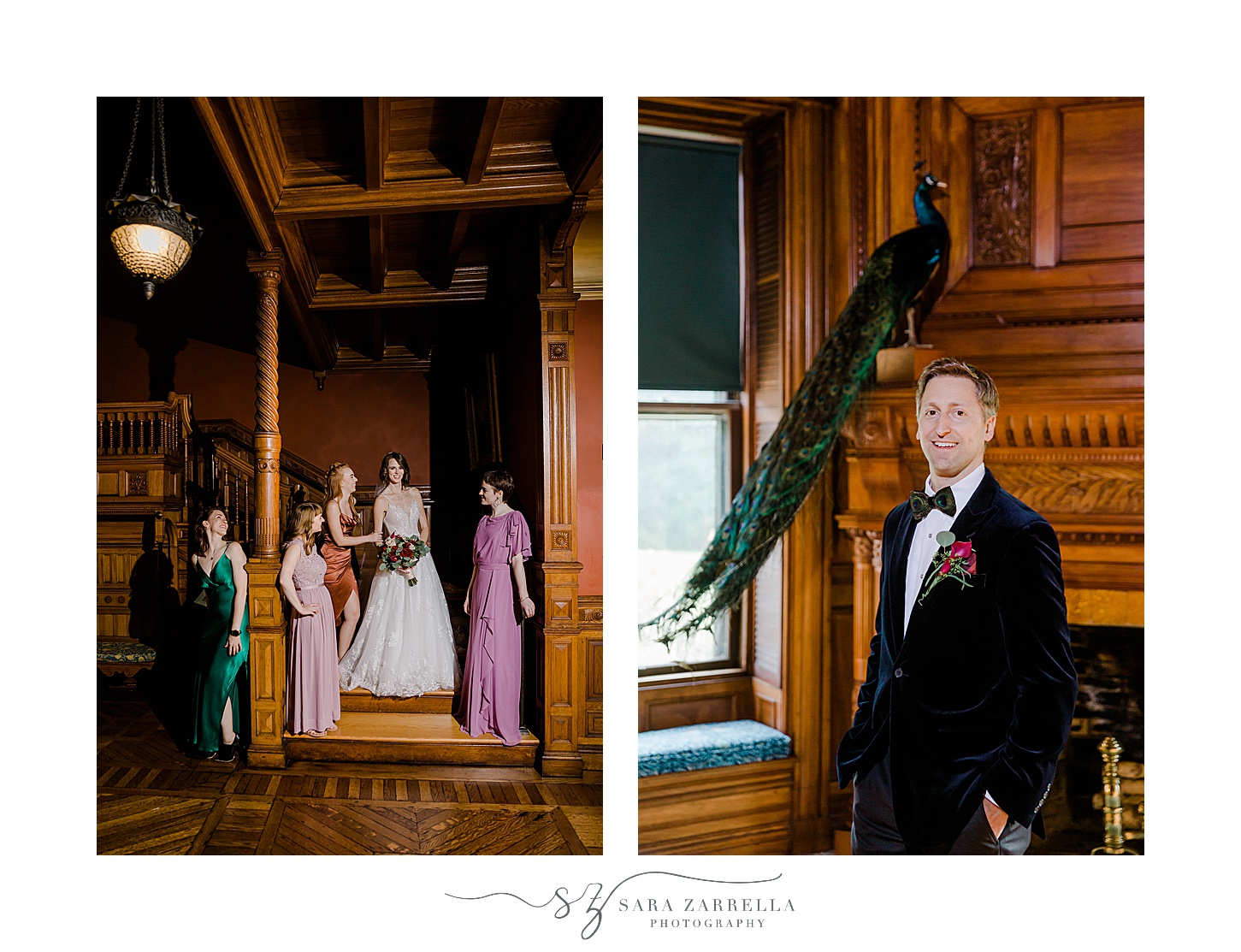 groom stands in velvet tux along staircase in Eustis Estate