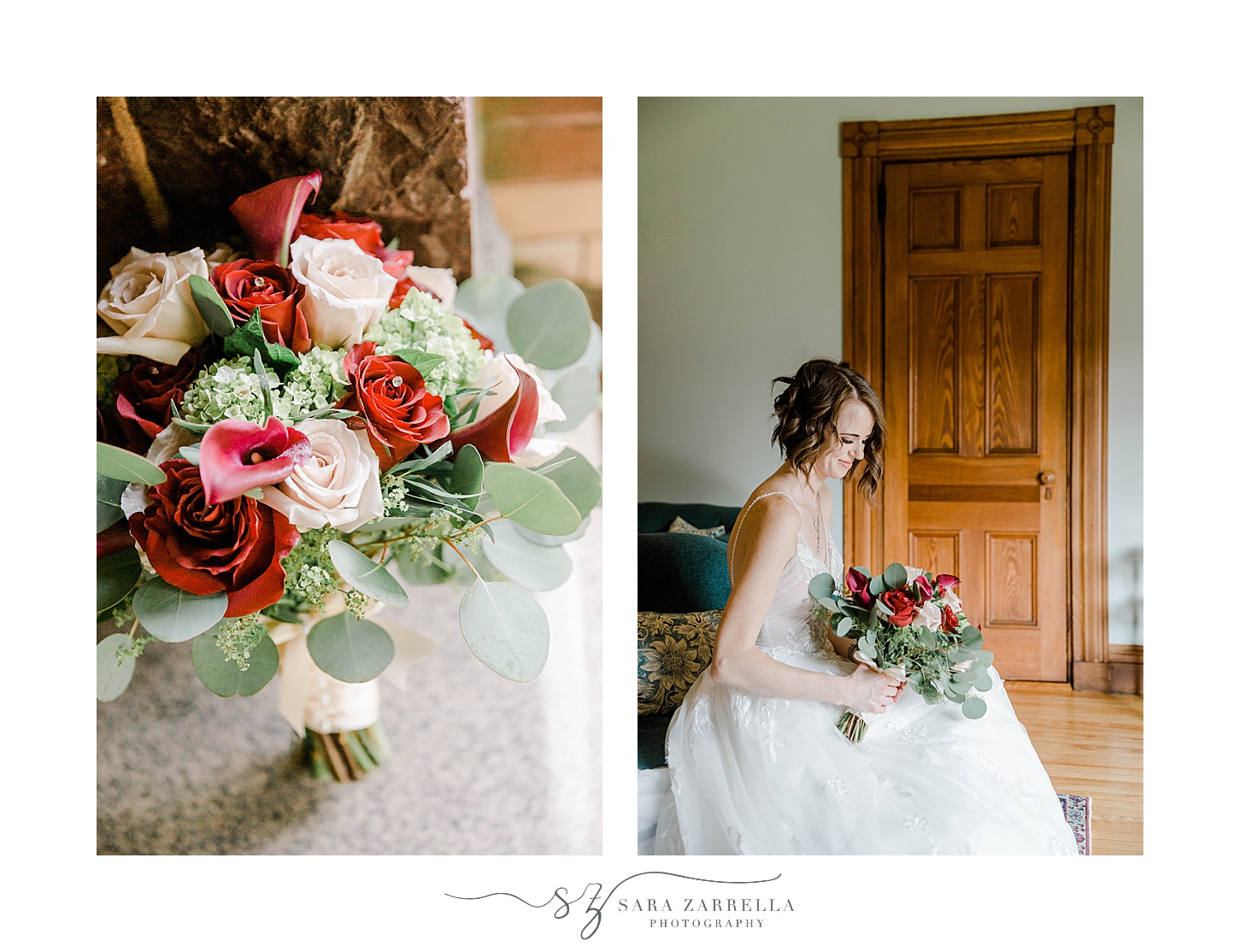 bride sits in wedding gown with pink and red rose bouquet 