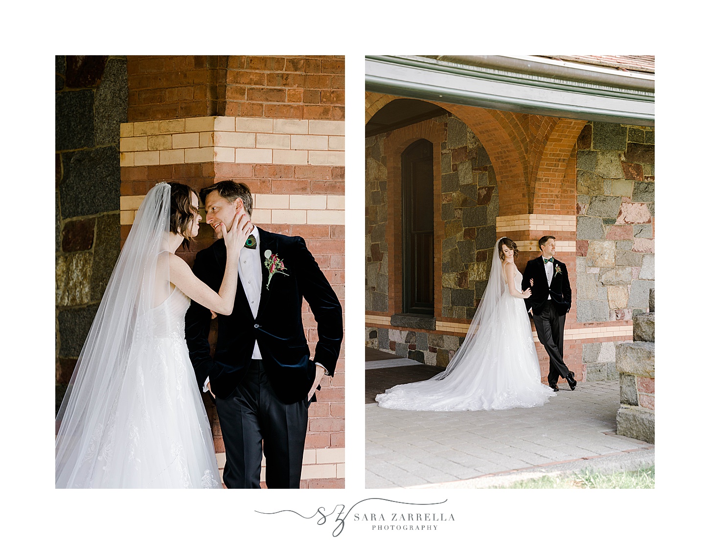 bride and groom stand under stone arbor at Eustis Estate