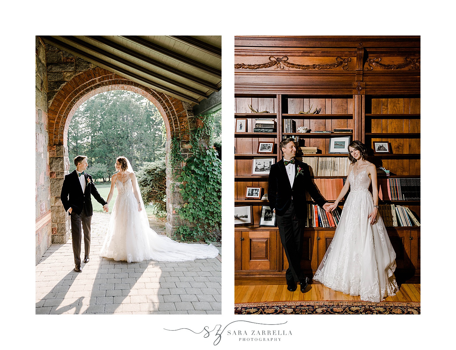 couple poses inside Eustis Estate library during wedding day