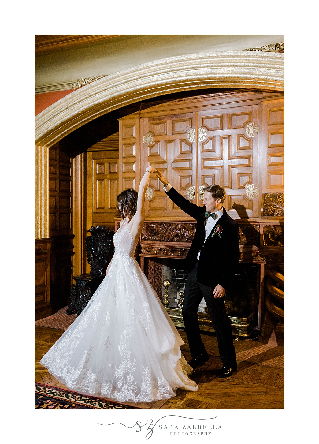 groom twirls bride during Eustis Estate wedding portraits 