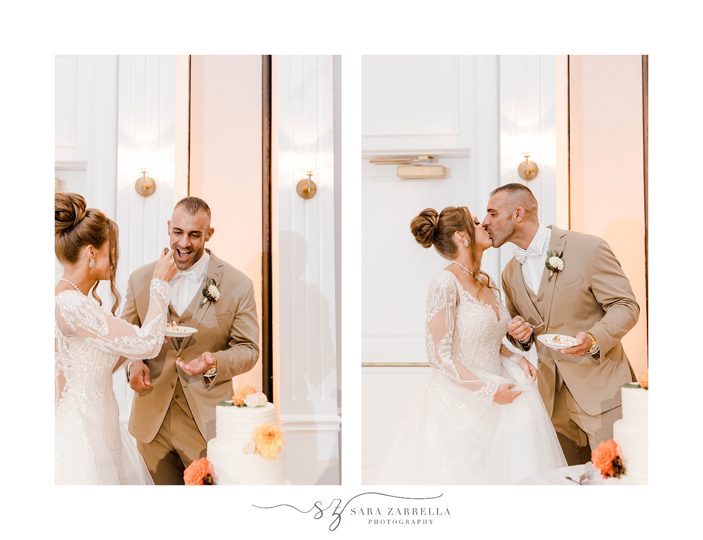 newlyweds kiss during cake cutting at Newport RI wedding reception 