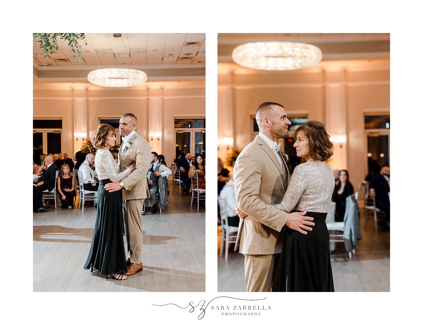 groom dances with mother during Newport RI wedding reception 
