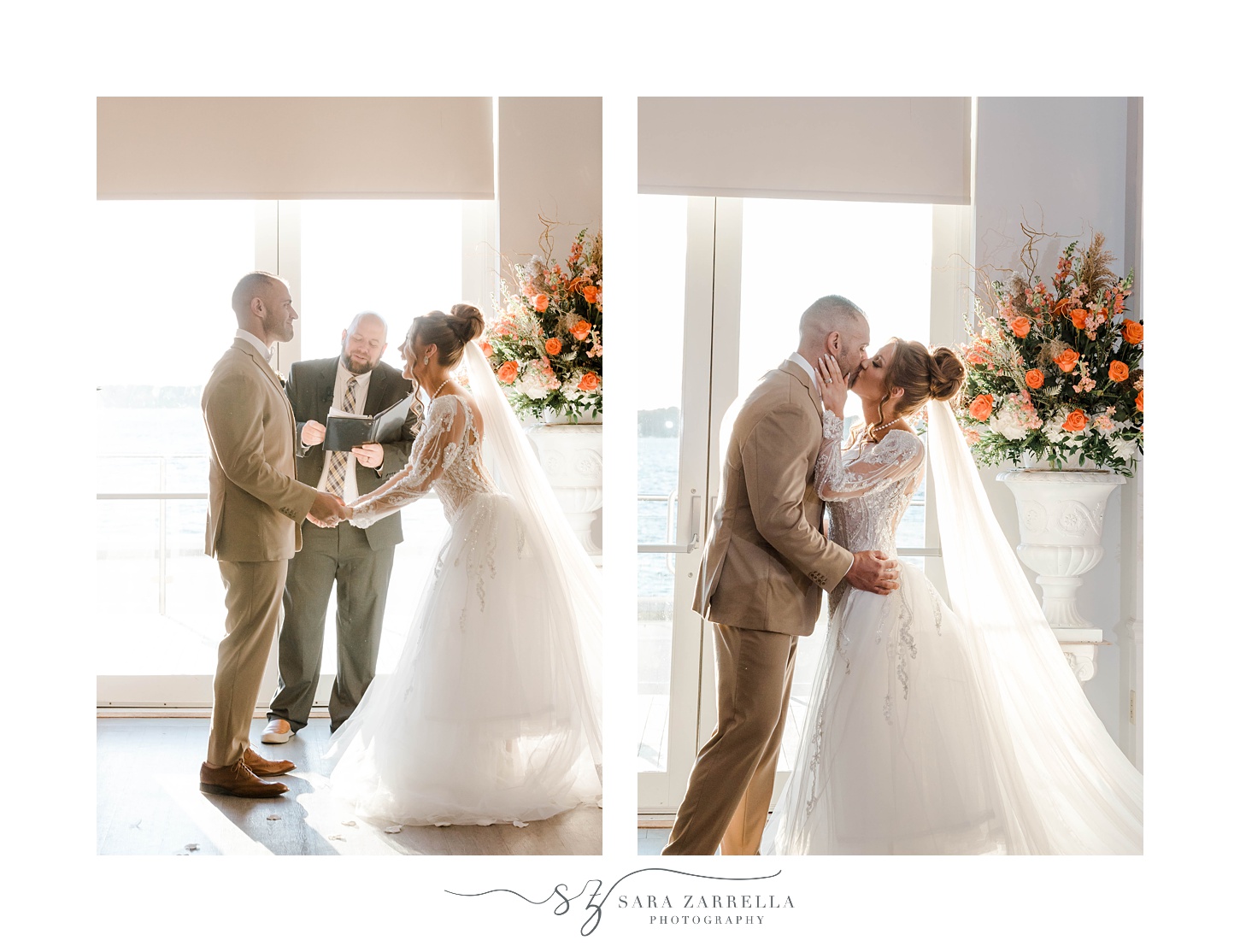 bride and groom hold hands and kiss during ceremony at Newport Harbor Island Resort Wedding