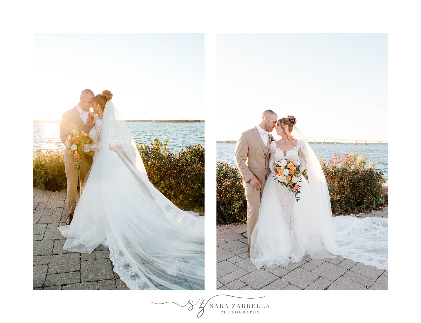 fall wedding portraits of bride and groom along water in Newport RI