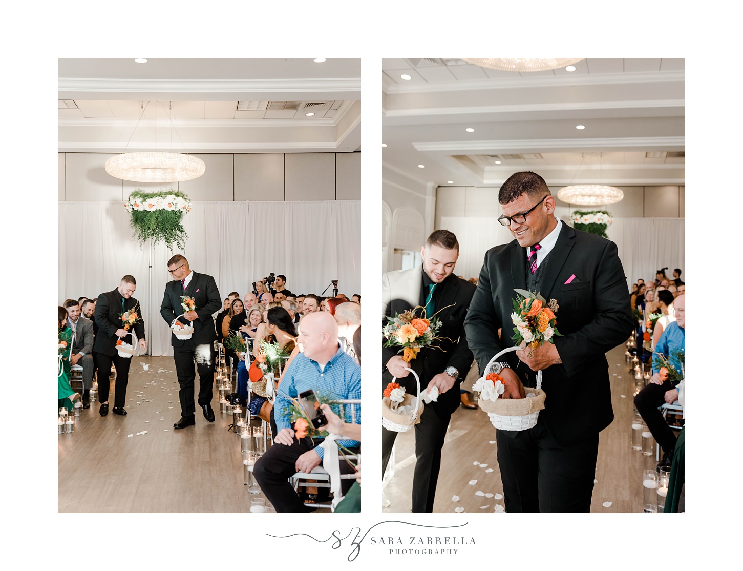 flower men walk down aisle at Newport Harbor Island Resort Wedding