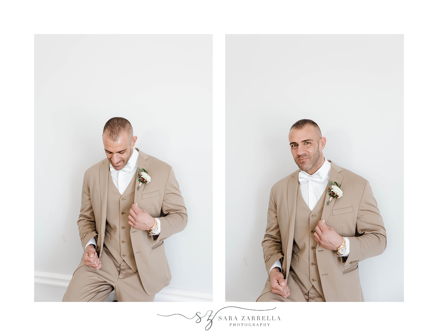 groom poses against white wall in tan suit