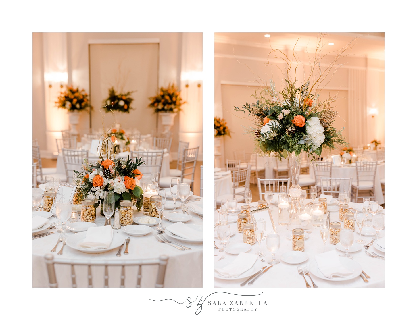 wedding reception with orange and white flowers at Newport Harbor Island Resort