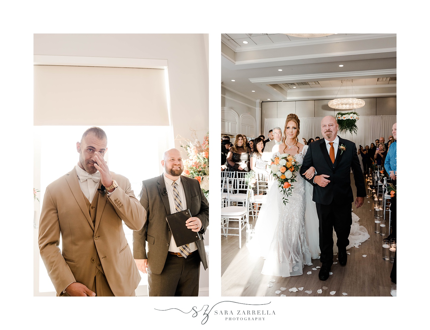 groom cries while bride walks down aisle with father 