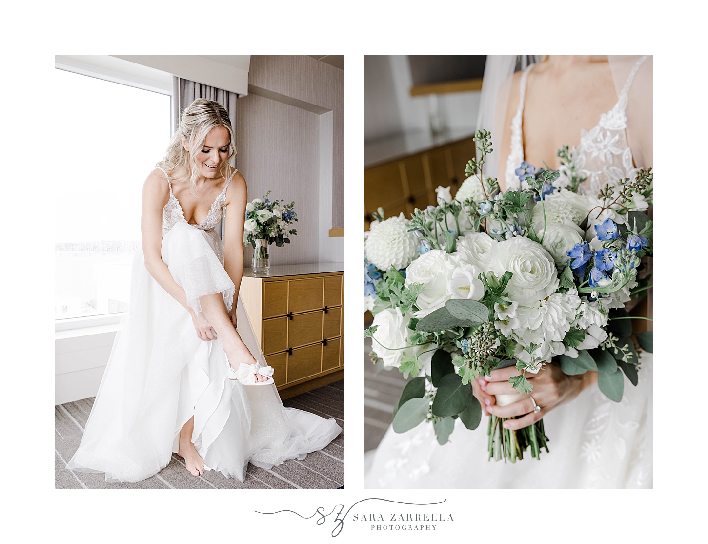 bride poses with white and blue floral bouquet 