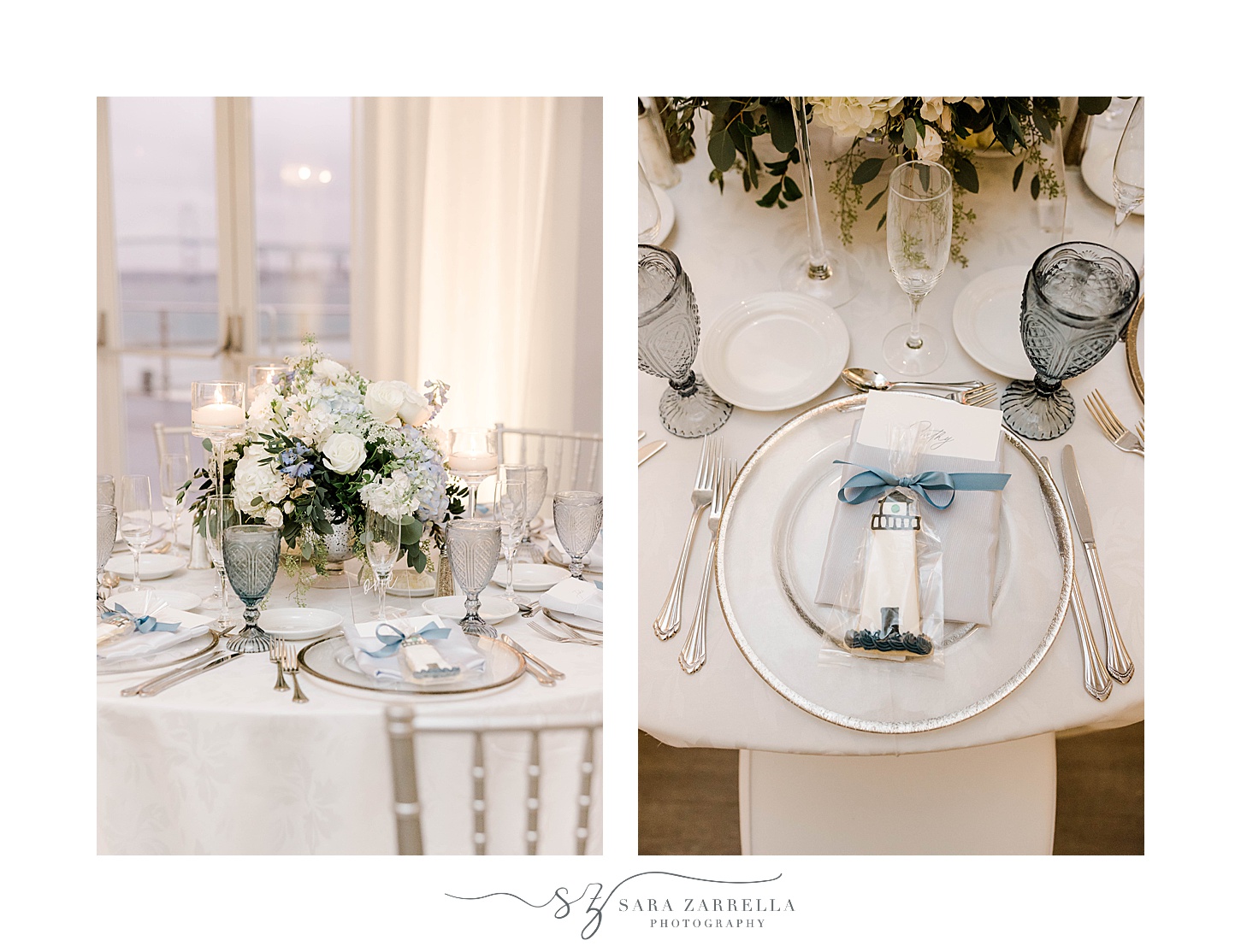 Newport RI reception with blue, gold, and white details