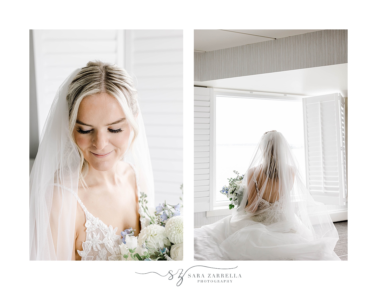 bride looks over shoulder in wedding gown with veil at Newport Harbor Island Resort