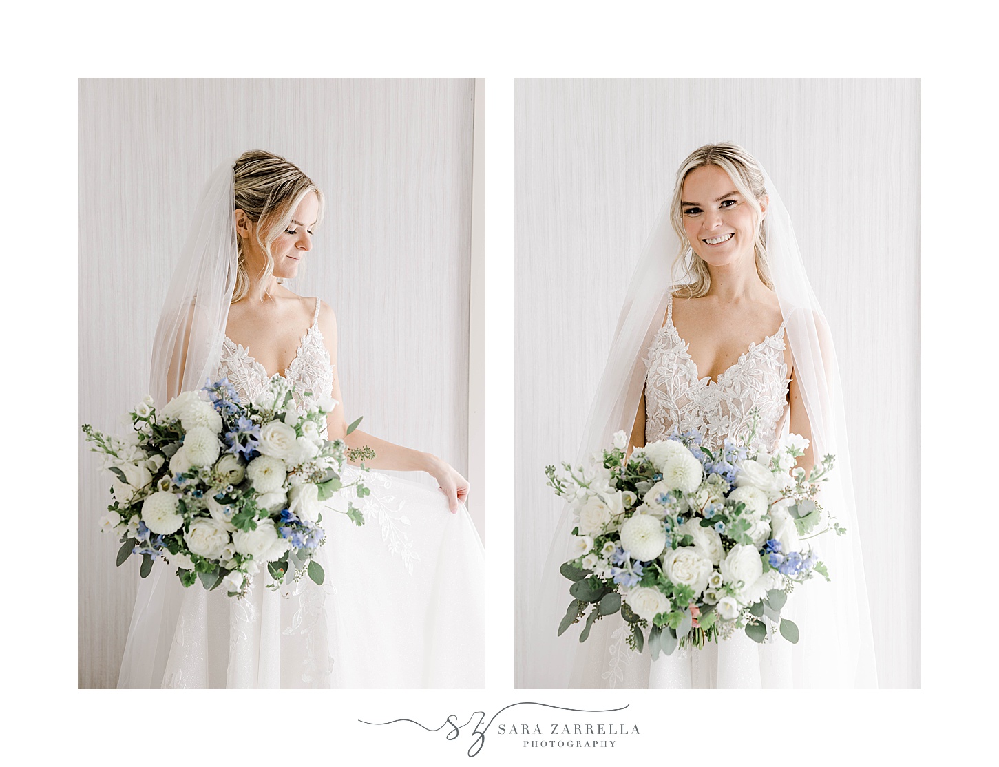 bridal portraits at Newport Harbor Island Resort with bride holding blue and white floral bouquet