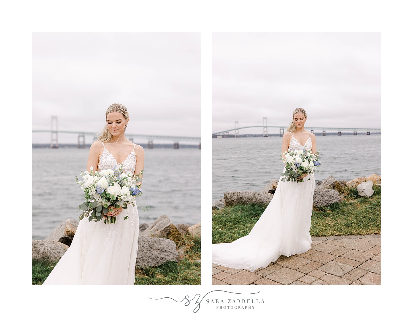 bride poses in front of Newport Bridge 