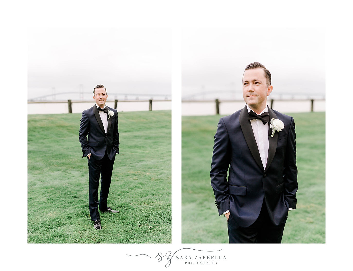 groom stands with hand in pockets of suit on lawn at Newport Harbor Island Resort