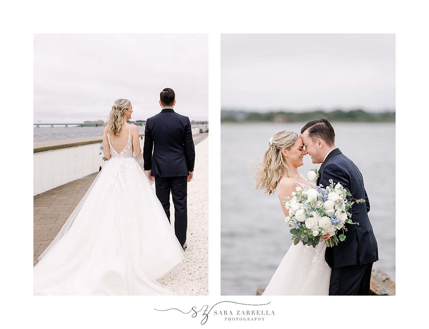 bride and groom hug by waterfront in Newport RI