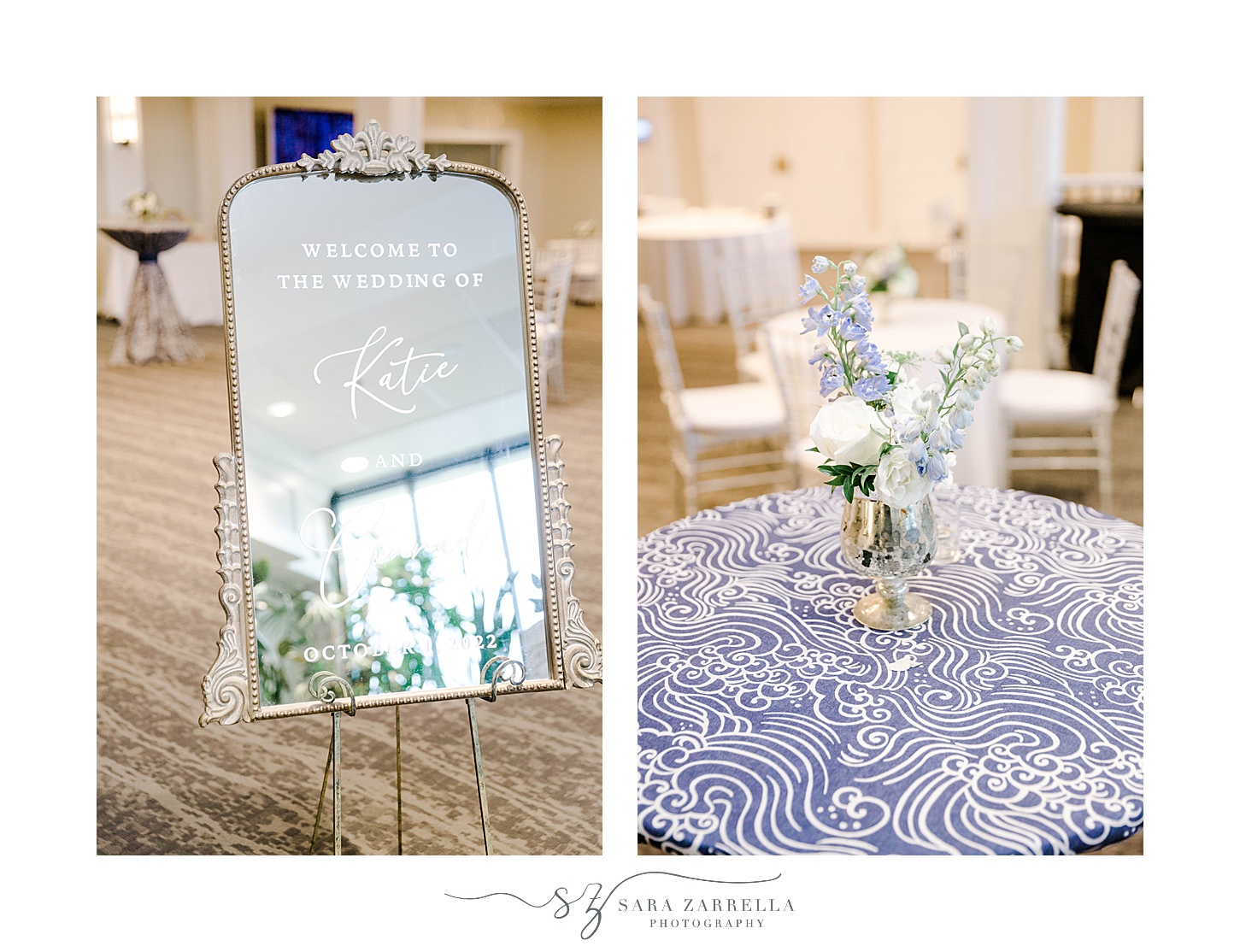 wedding reception welcome sign and florals on blue table cloth