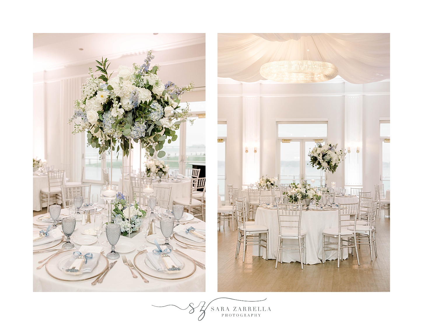 wedding reception with blue and white details 