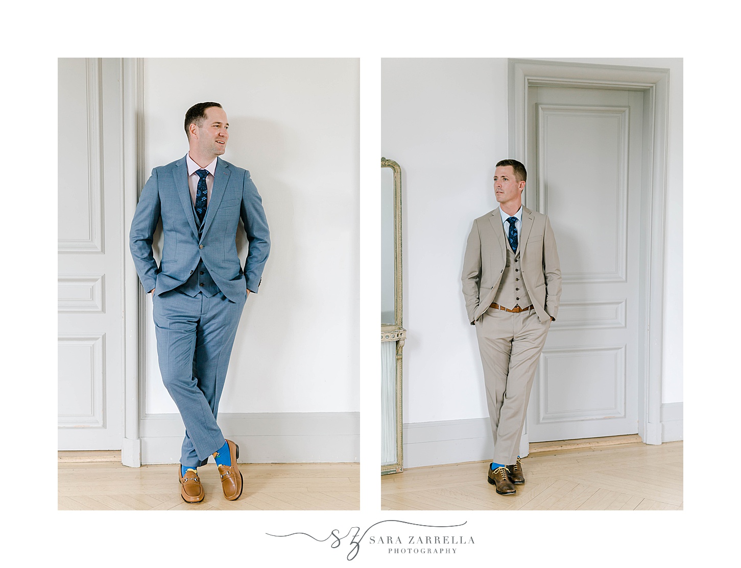 grooms pose in blue and khaki suits against white wall in Rosecliff Mansion