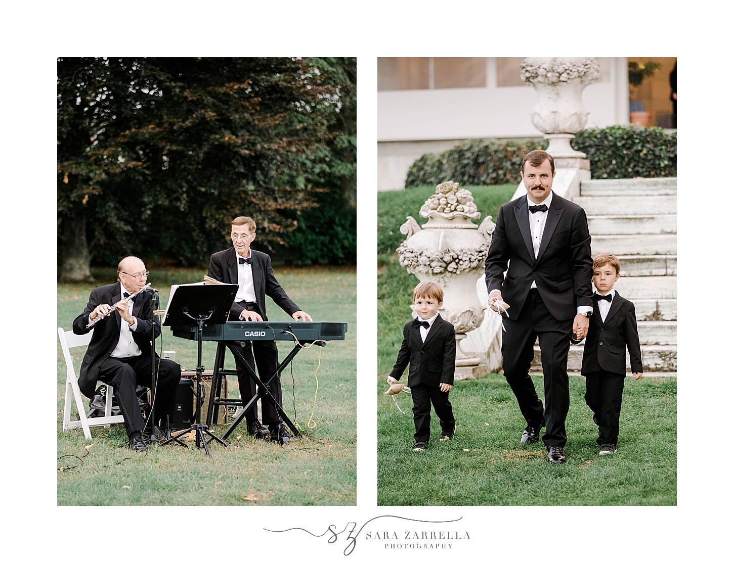 ring bearers walk down steps at Rosecliff Mansion