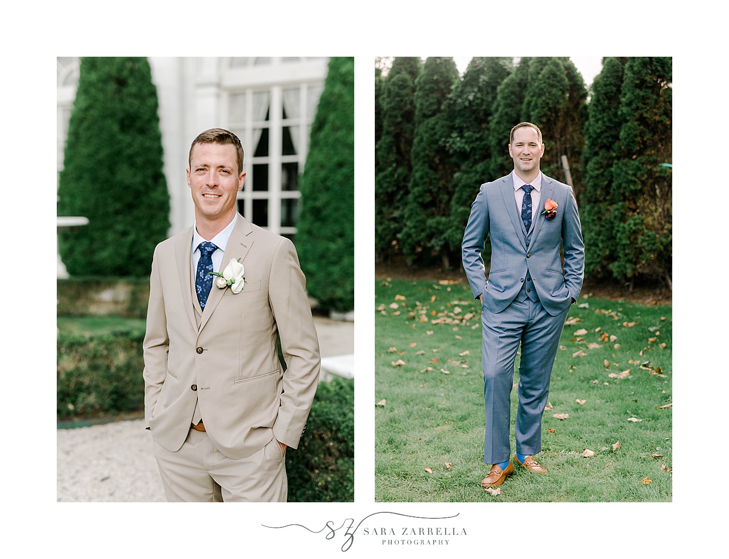 grooms stand on lawn with hands in pockets of suit