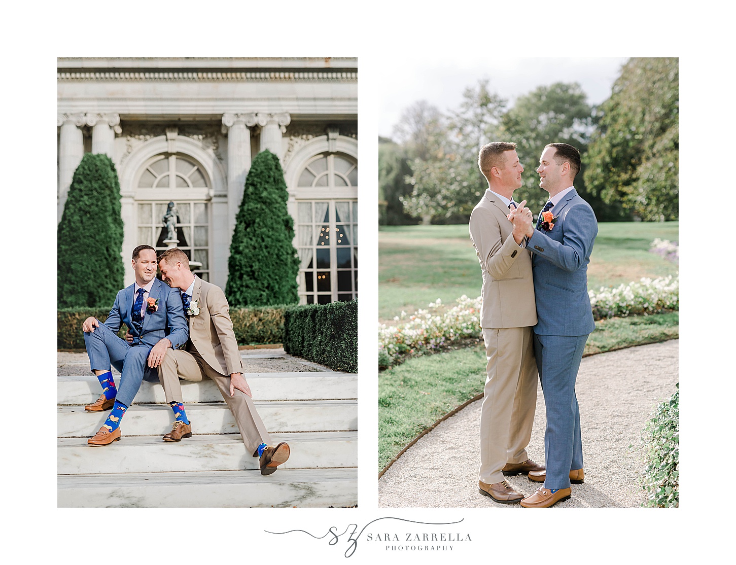 grooms dance in gardens at Rosecliff Mansion
