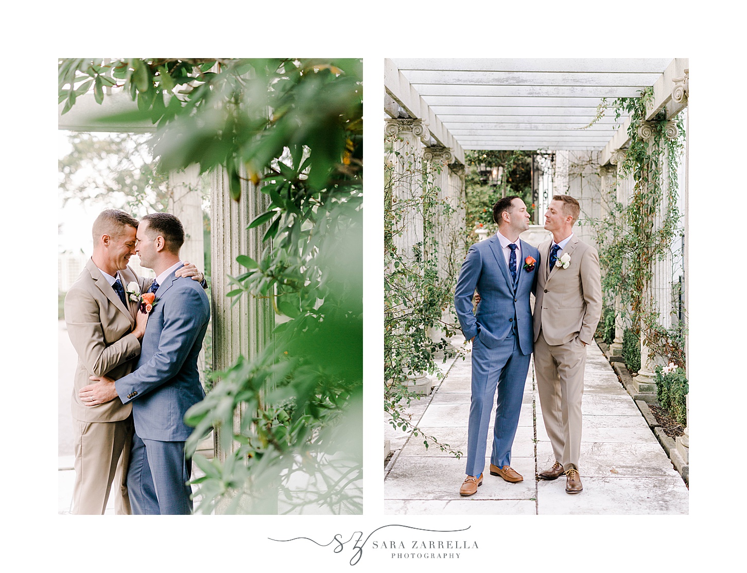 grooms kiss under greenery covered arbor in garden in Newport RI