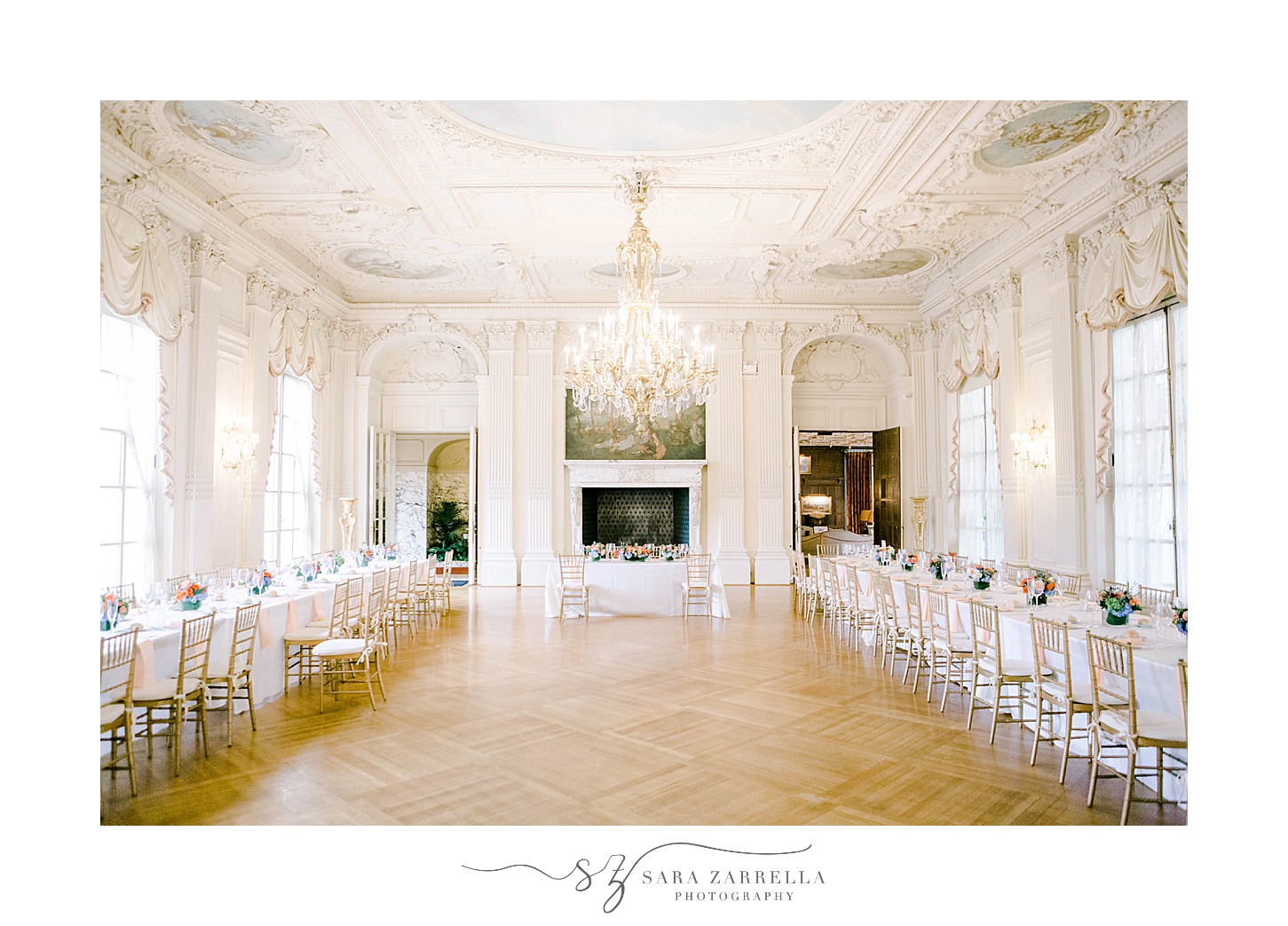 Rosecliff Mansion wedding reception setup with long tables