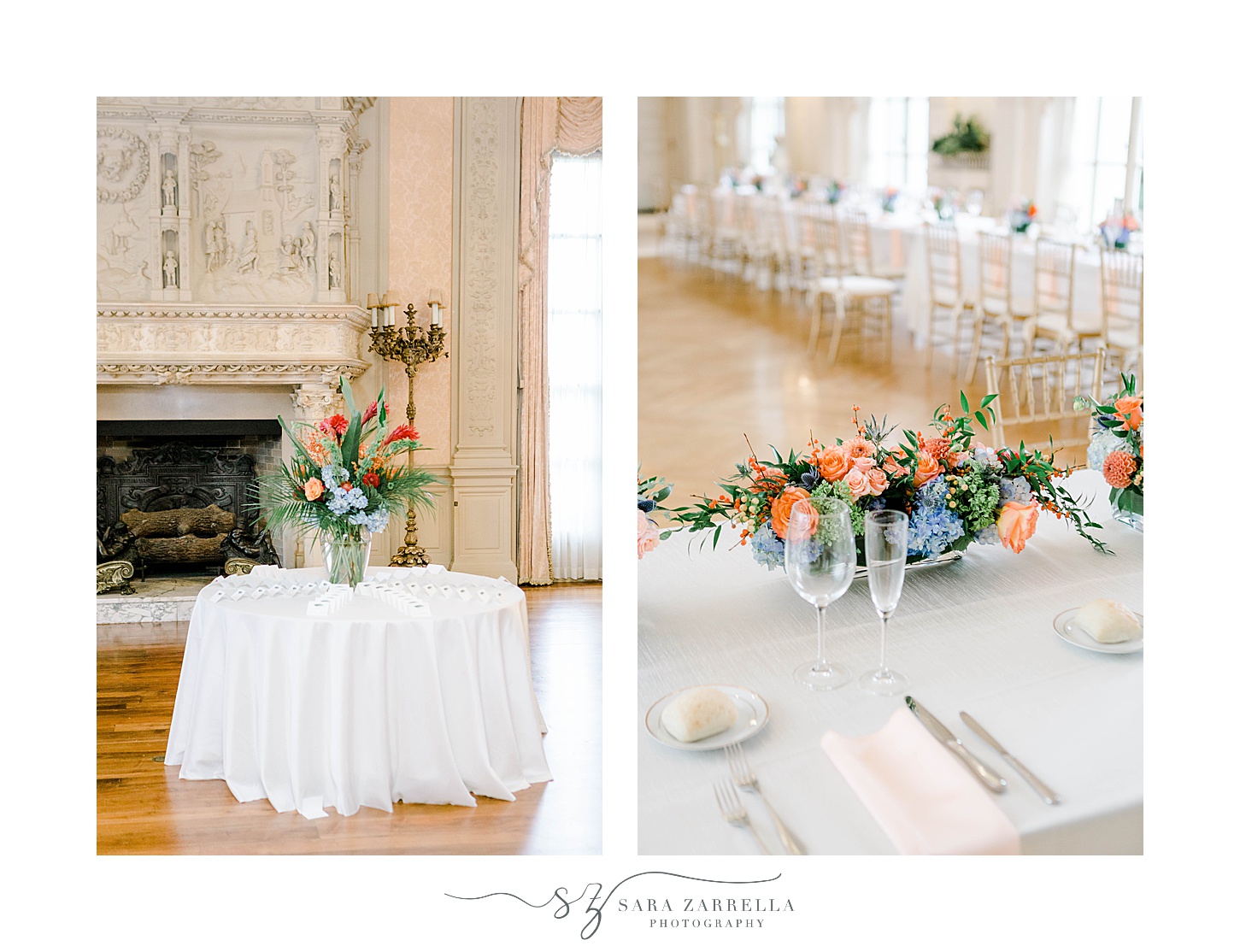 peach and blue floral centerpieces in Newport RI