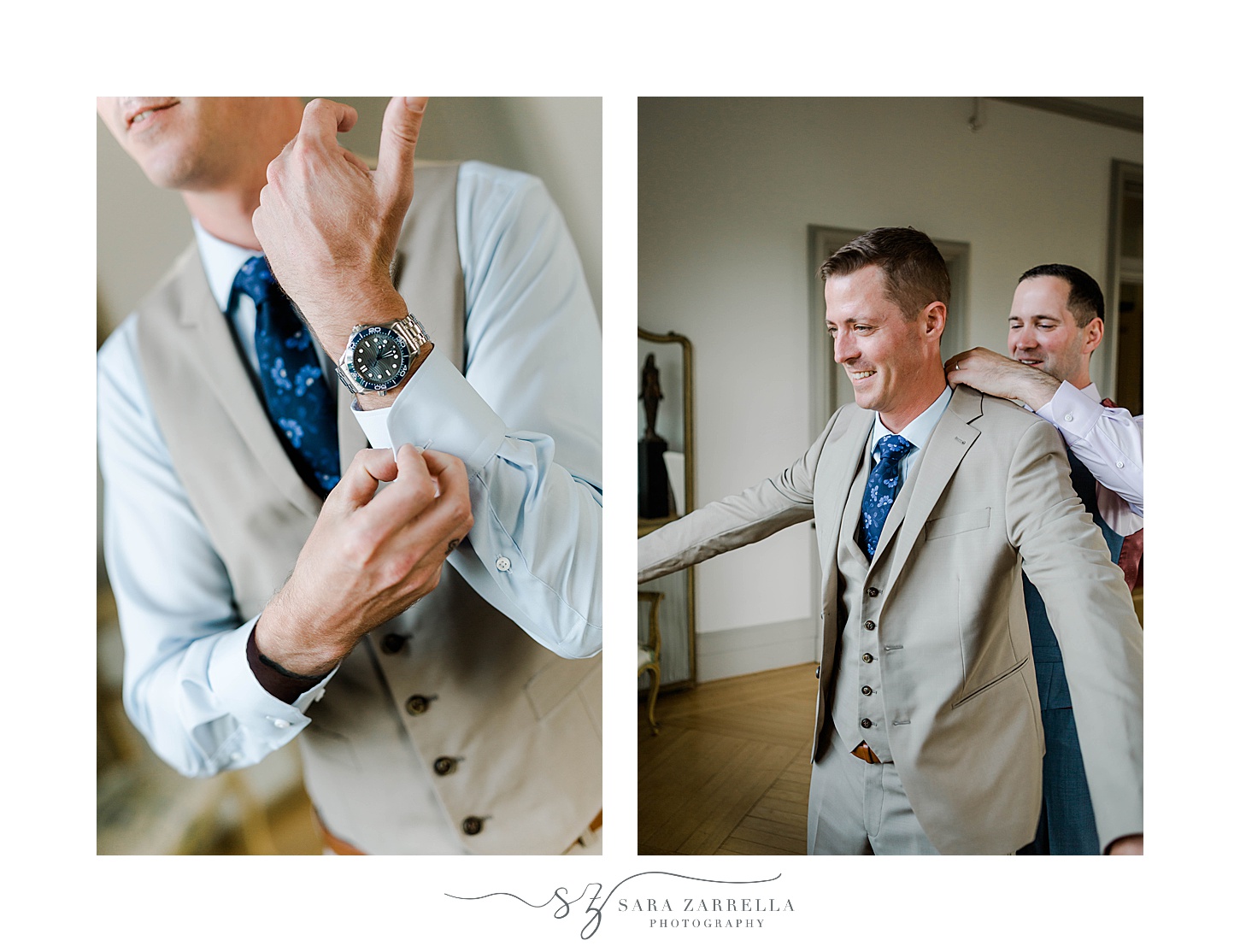 groom helps husband prepare for Rosecliff Mansion wedding