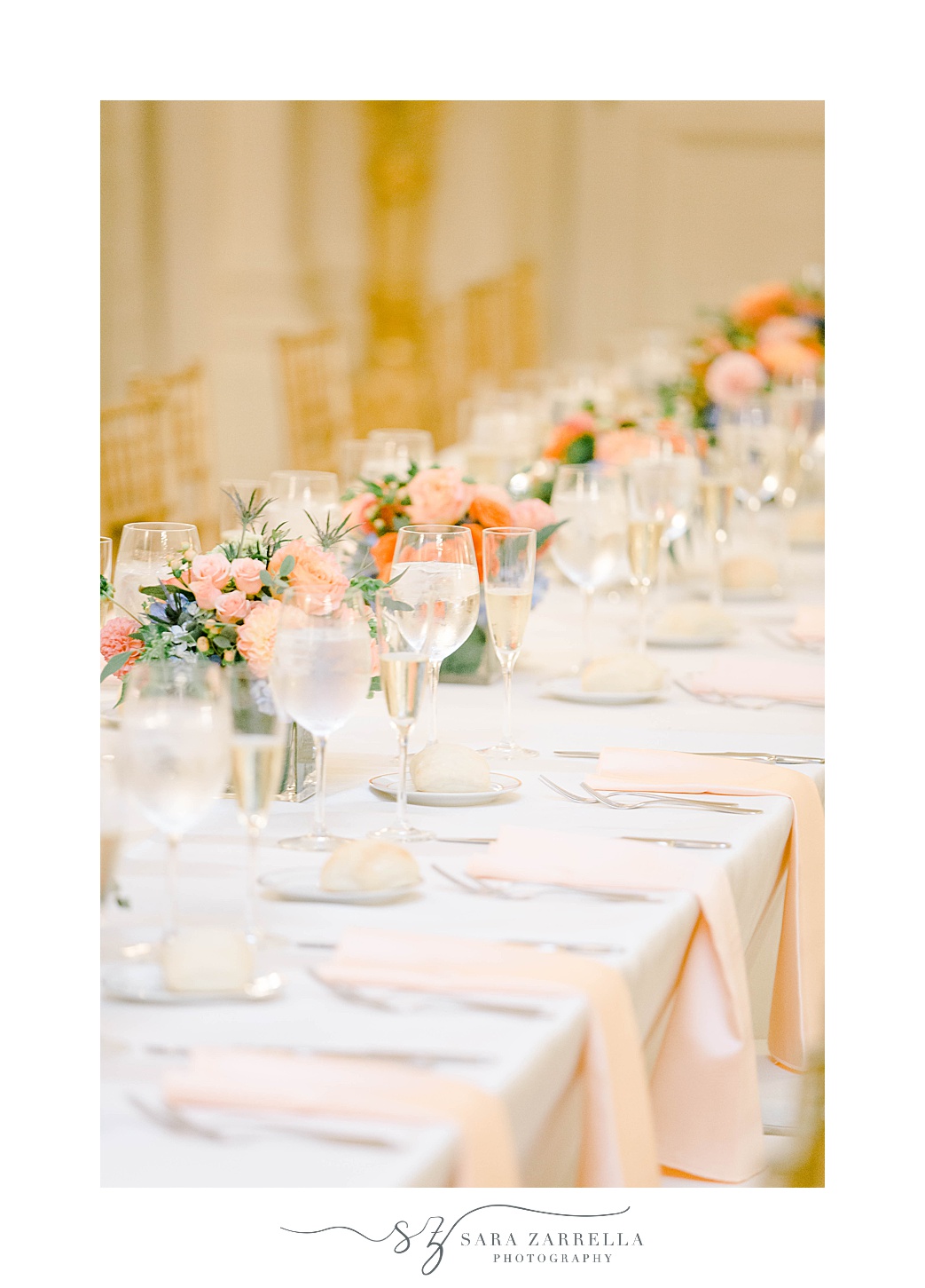 wedding reception tablescape at Rosecliff Mansion