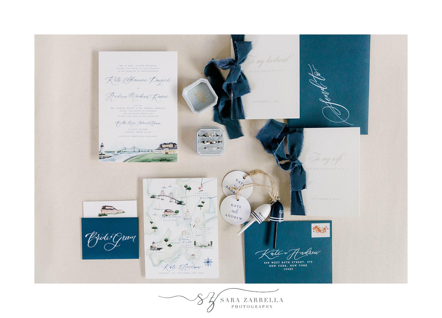 stationery suite for Belle Mer wedding with elegant blue ribbons and calligraphy 