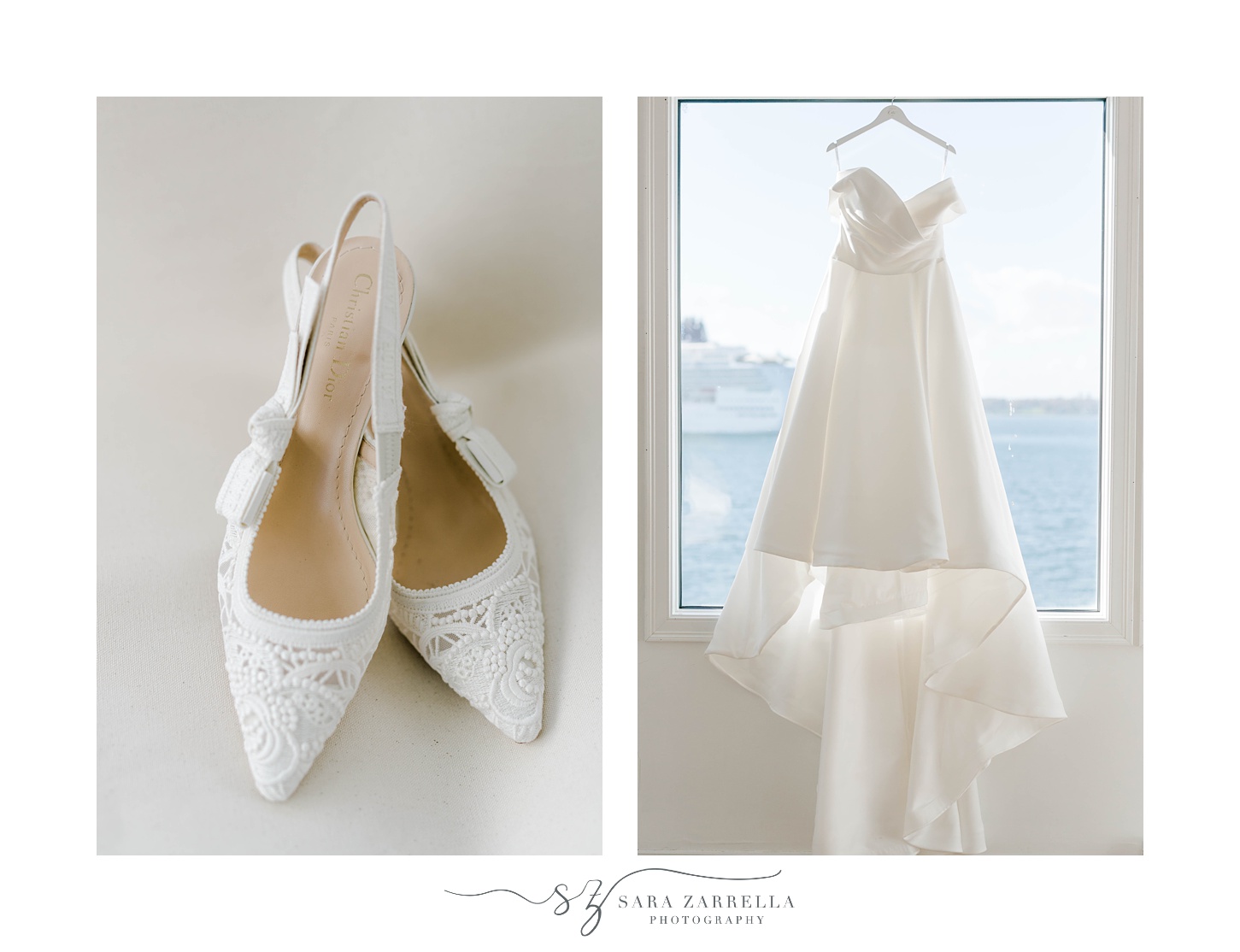 wedding dress hangs in window and Ivory shoes at Belle Mer