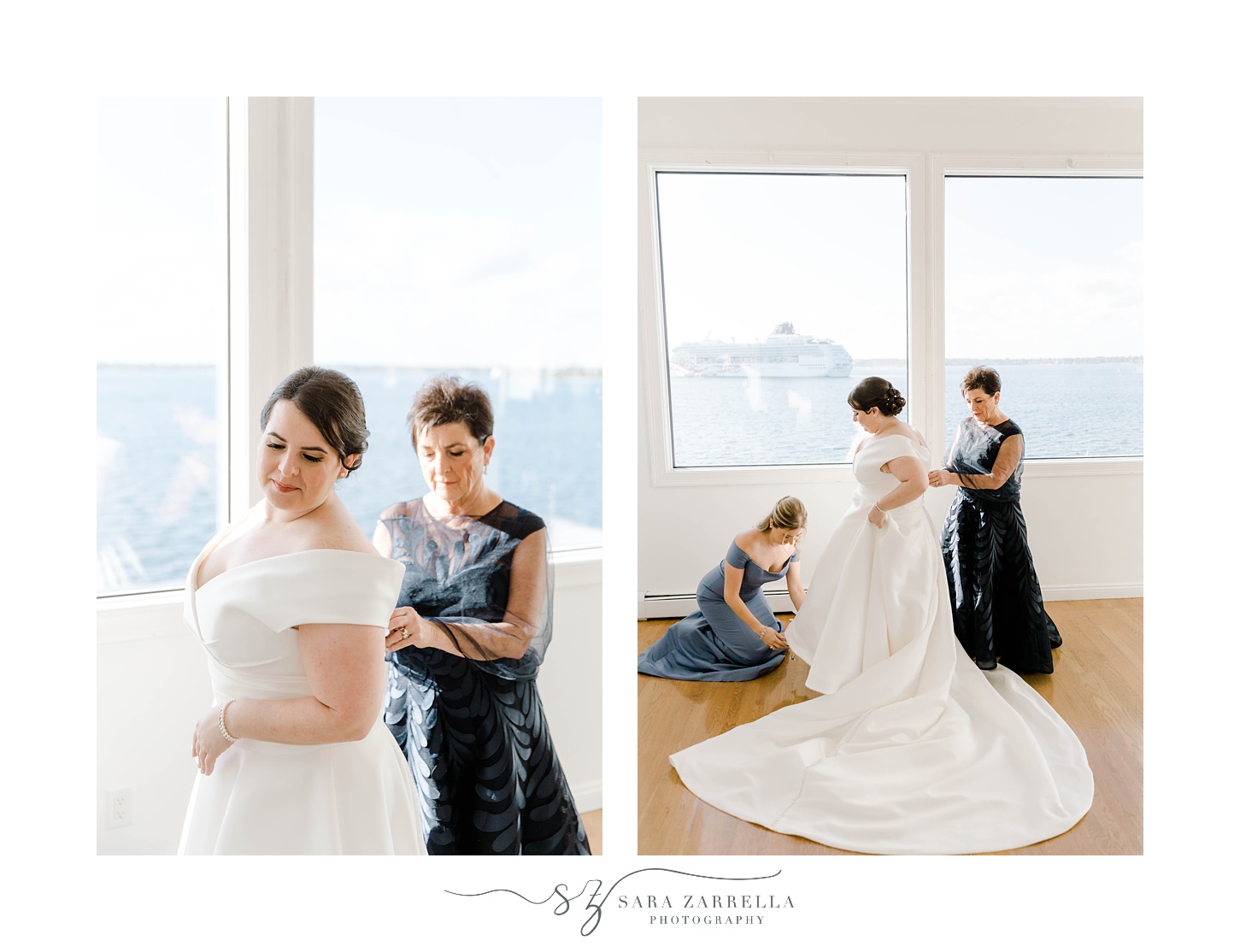 mother helps bride into wedding gown at Belle Mer bridal suite 