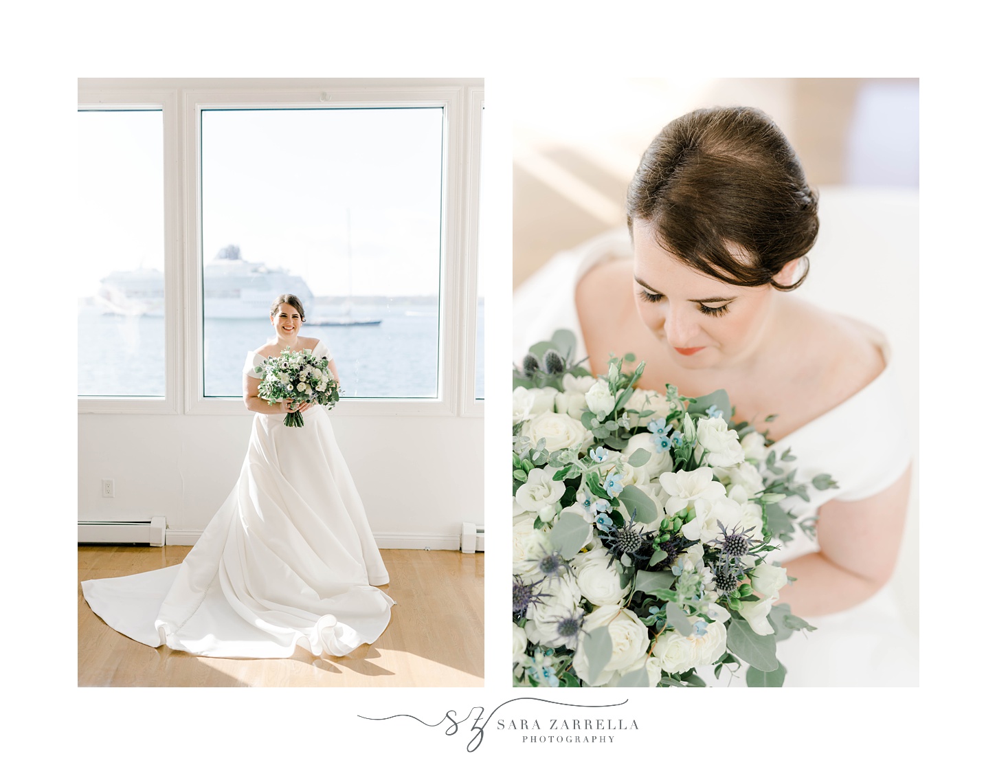 bride looks down at bouquet of white and blue flowers at Belle Mer