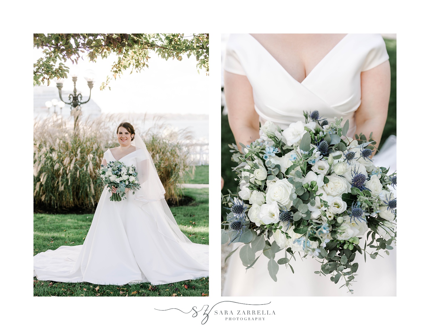 bride in classic wedding gown with v-neck holds bouquet of blue and white flowers 