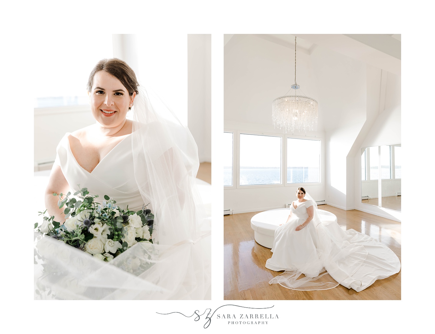 bride sits in bridal suite with bouquet and veil around her