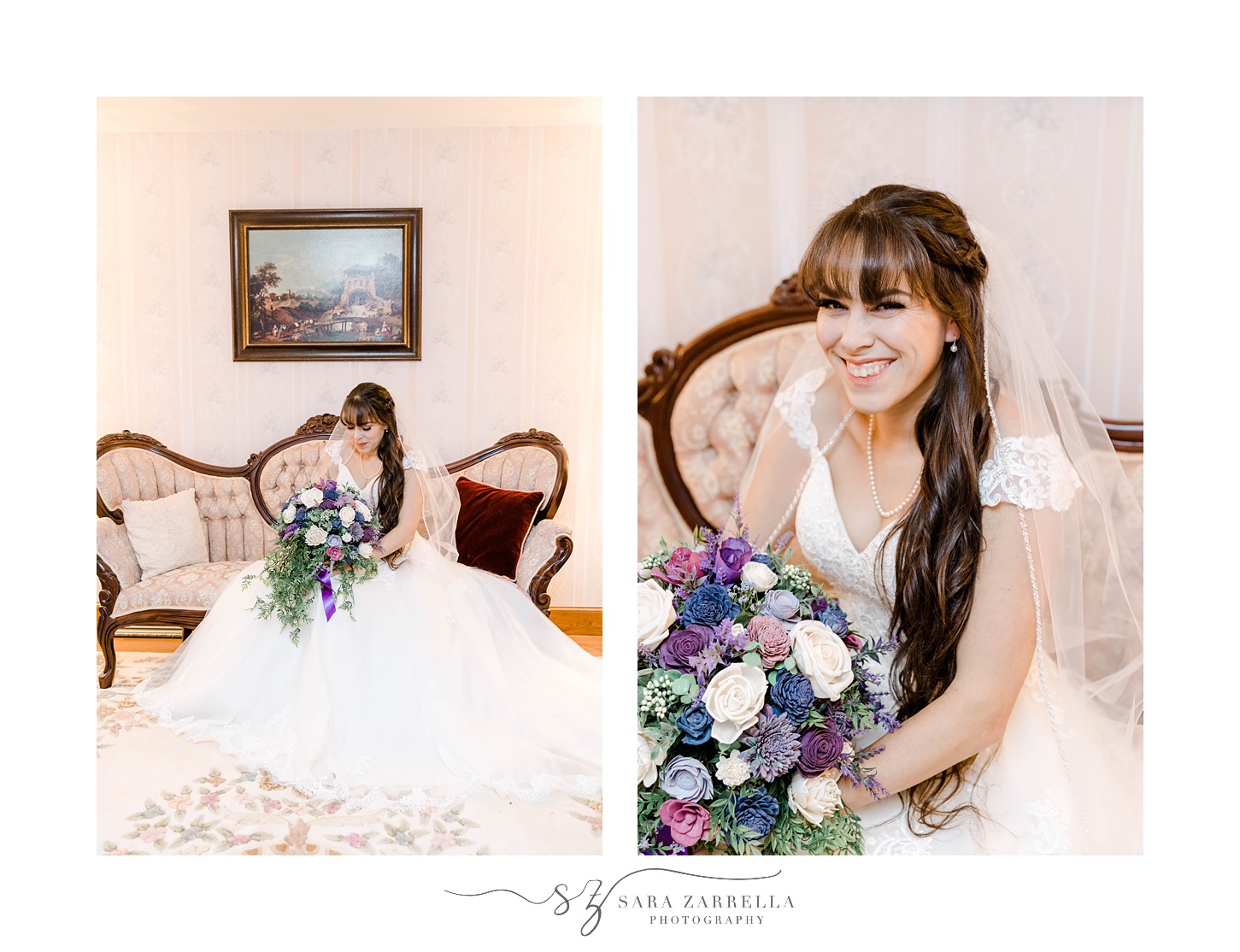 bride in wedding gown with cap sleeves smiles holding bouquet with purple flowers 