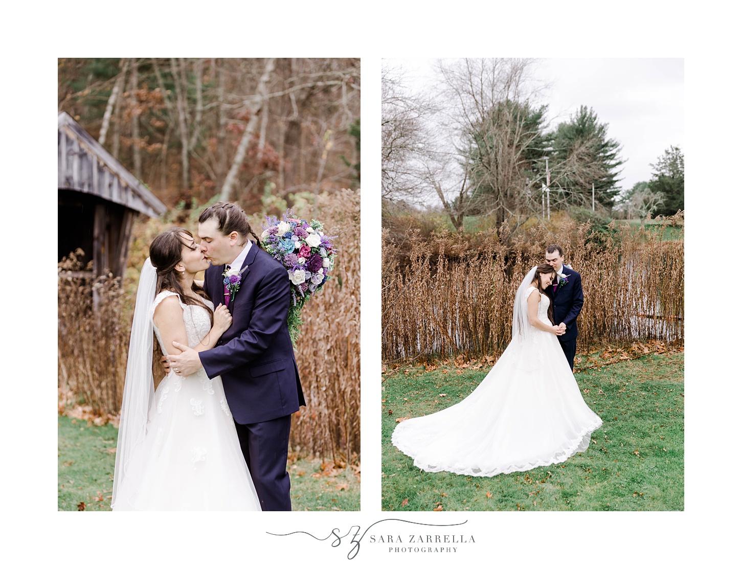 bride and groom hug by covered bridge at Foster Country Club